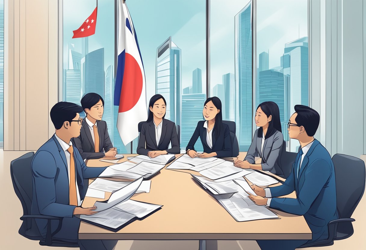 A group of people discussing business incorporation in a modern office setting with legal documents and a Singapore flag in the background