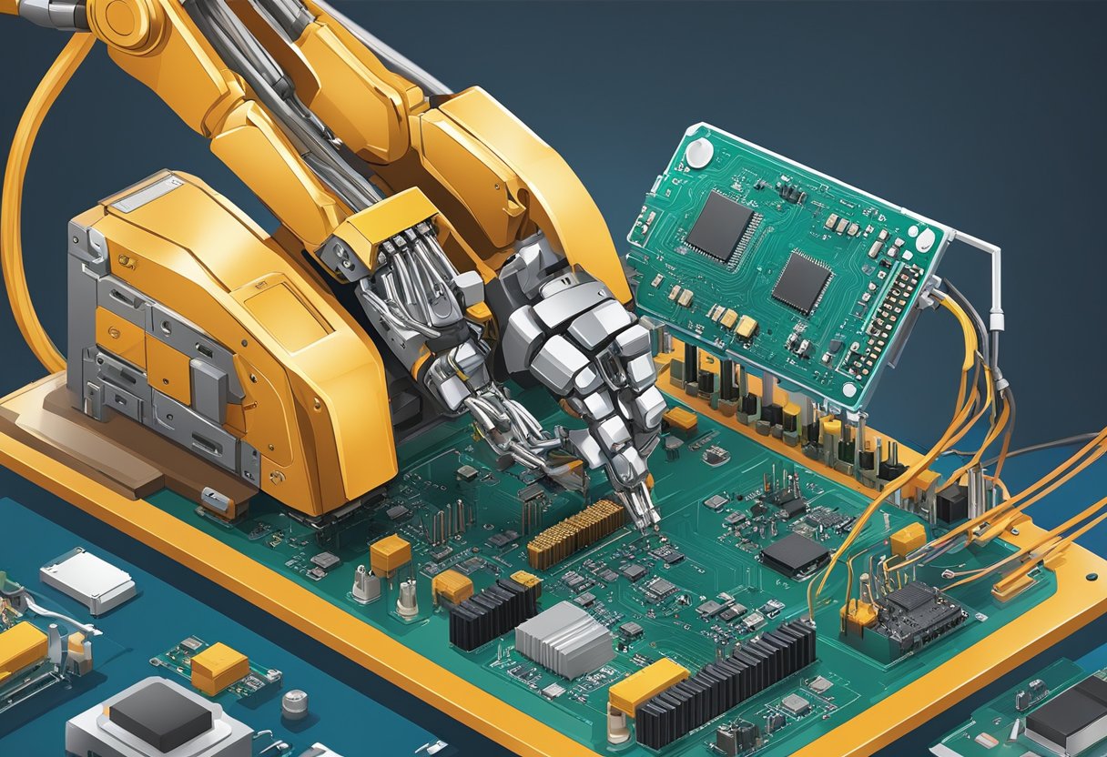 A robotic arm picks up electronic components and places them onto a circuit board