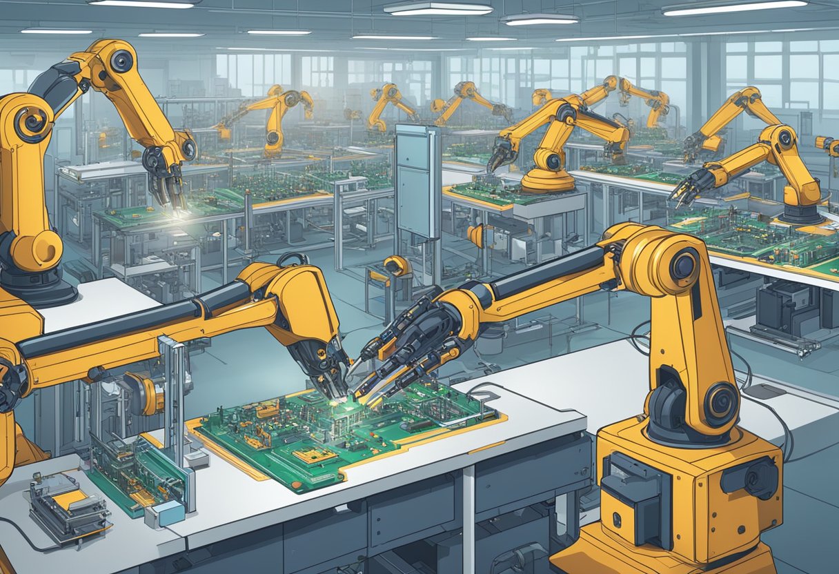 Robots assemble PCBs in a clean, well-lit factory. Multiple robotic arms work simultaneously, placing components with precision