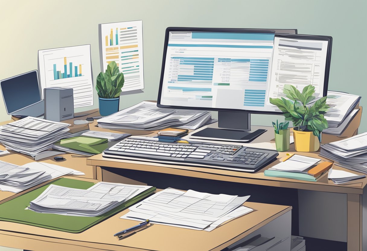 A desk cluttered with financial documents, a computer displaying incorporation forms, and a calculator surrounded by paperwork