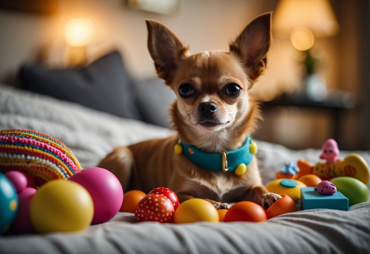 A chihuahua sits on a cushioned bed, surrounded by colorful toys and a bowl of food. The room is filled with natural light, creating a warm and inviting atmosphere
