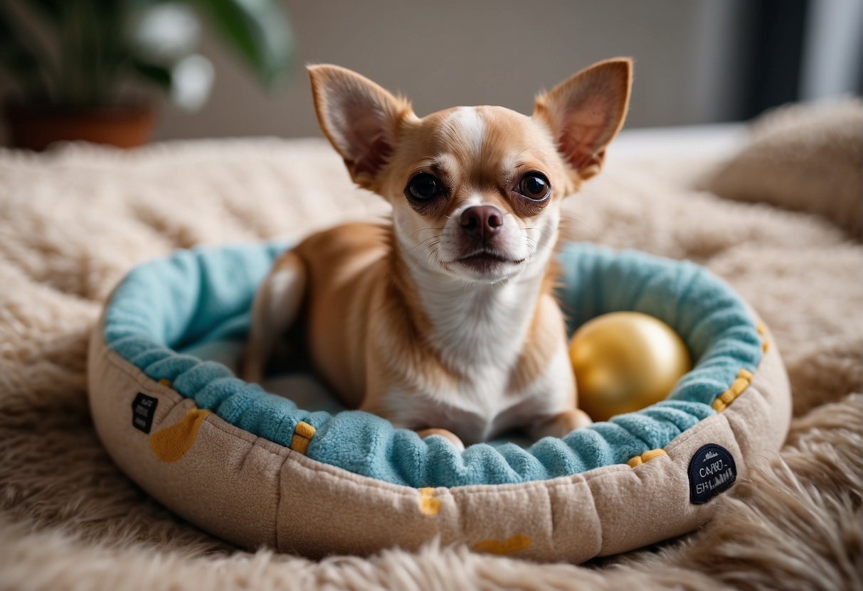 A Chihuahua sitting in a cozy dog bed, surrounded by toys and a bowl of water. A price tag or dollar sign symbol nearby