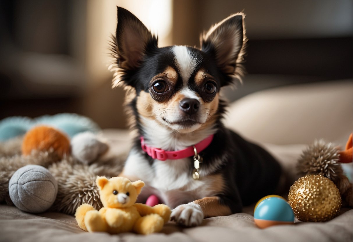A chihuahua sitting on a fluffy bed, with a curious expression, surrounded by toys and a bowl of water