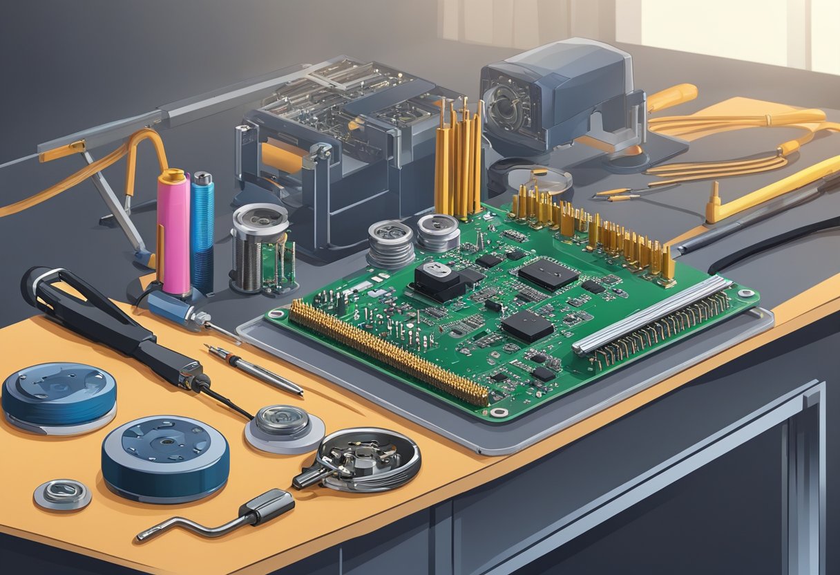 A PCB assembly holder sits on a workbench, with circuit boards and components neatly arranged around it. Soldering iron and tools are nearby