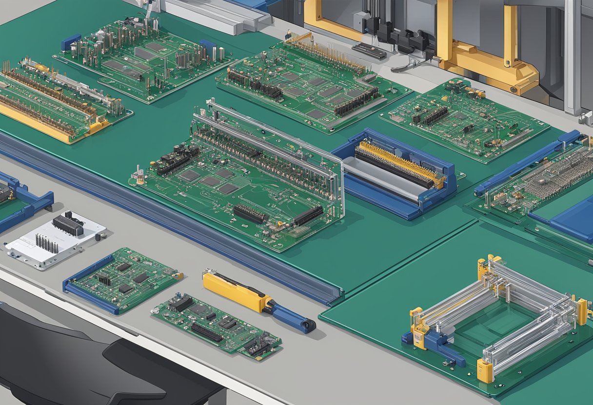 PCB assembly holders arranged on a workbench, with various sizes and shapes to accommodate different types of circuit boards