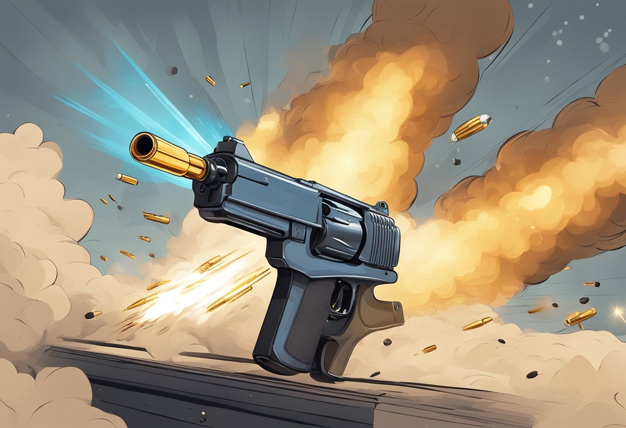 A bullet being fired from a gun, with smoke and sparks flying as it hits a target