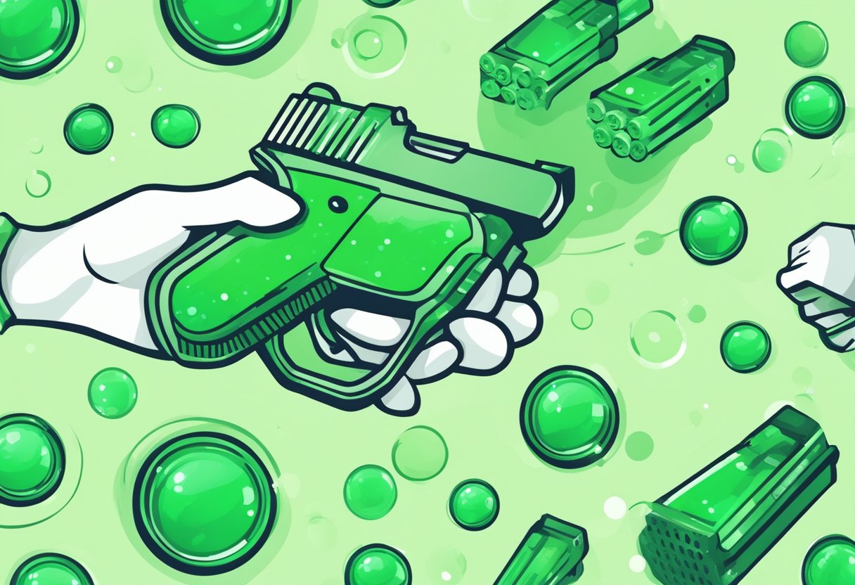 A hand holding a glowing green ammo inc logo, surrounded by positive feedback bubbles and user interface elements