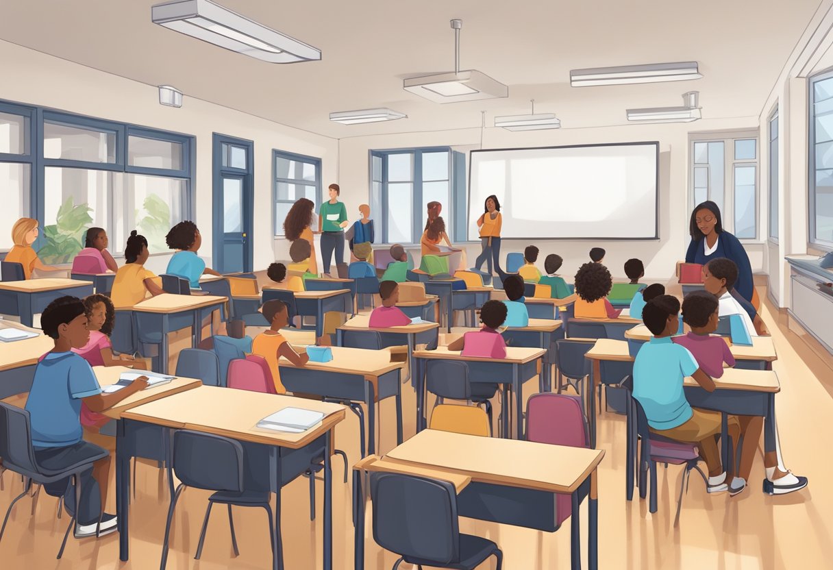 A public school with diverse students, teachers, and administrators collaborating in a modern, inclusive educational environment