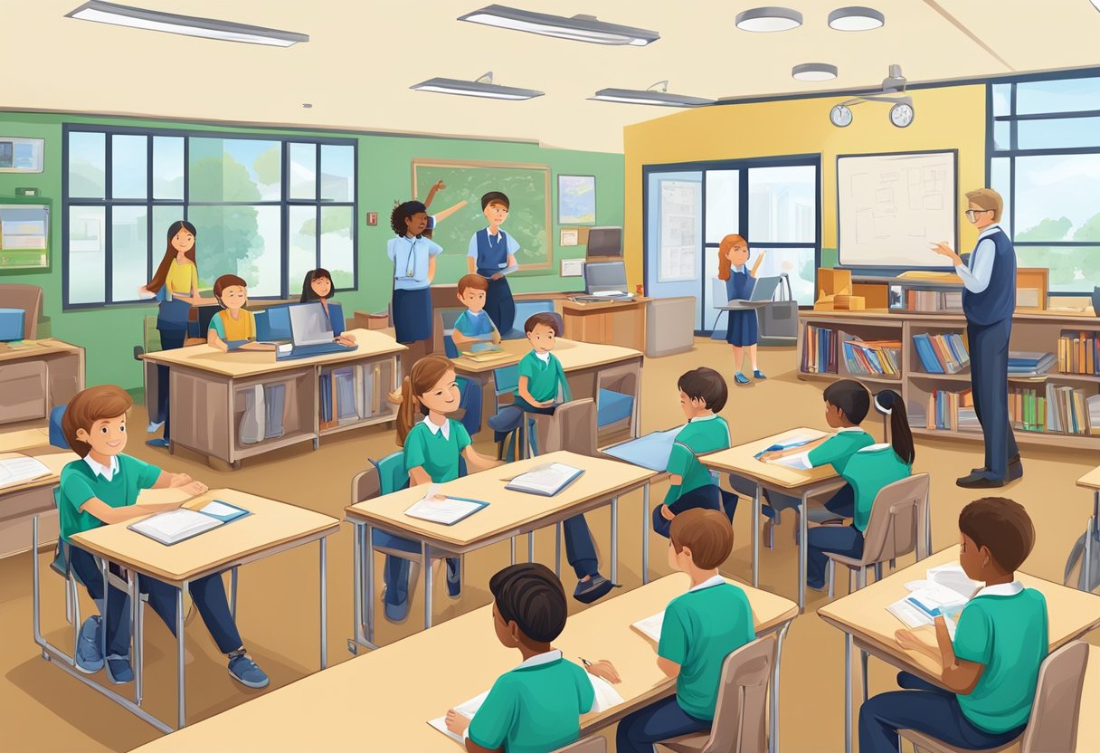 A public school with students learning in classrooms, teachers instructing, and staff managing operations in the office