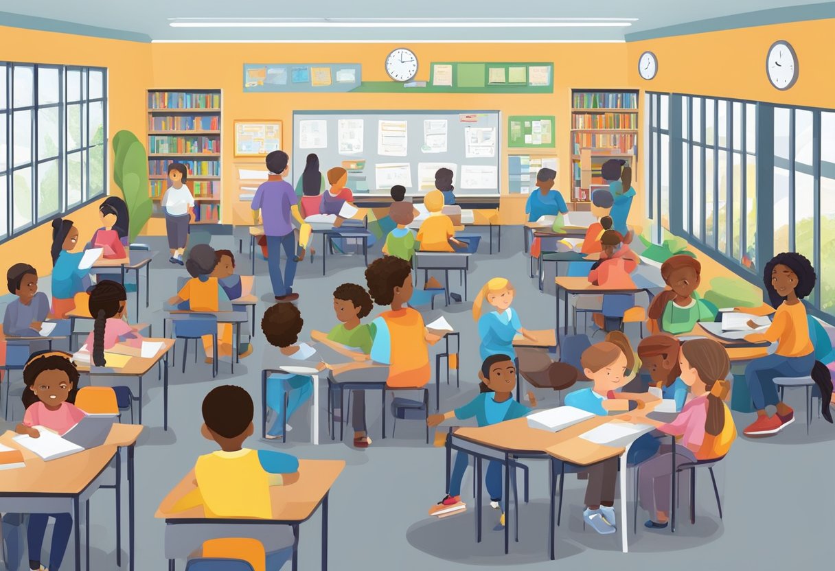 A bustling public school with diverse students and staff engaged in learning and professional development activities. The school environment is vibrant and dynamic, with teachers collaborating and students participating in various educational programs