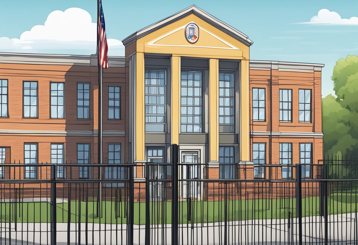 A public school building with a prominent sign, surrounded by a fence, and with a flag flying high