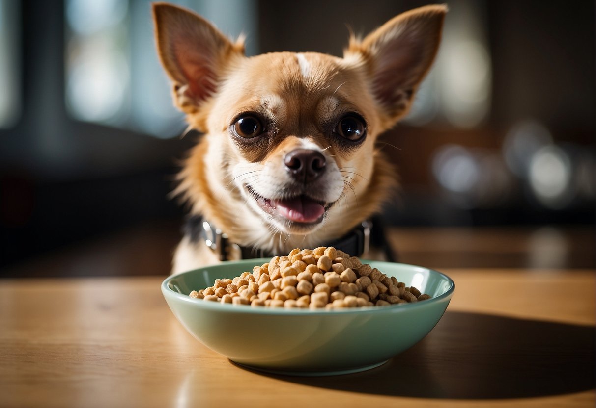 A chihuahua eating from a small bowl of kibble