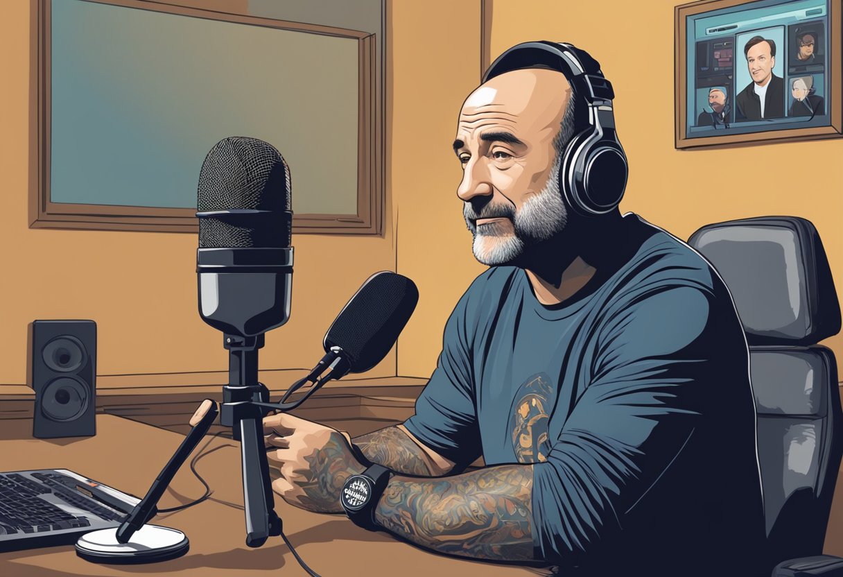 Joe Rogan discusses Robin Williams in a podcast studio with microphone and headphones. Williams' image displayed on a screen behind Rogan