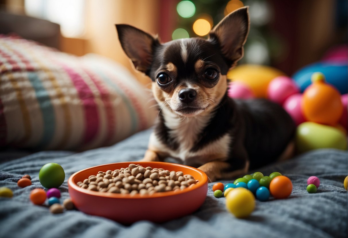 A Chihuahua eating from a small bowl of balanced dog food, surrounded by colorful toys and a cozy bed