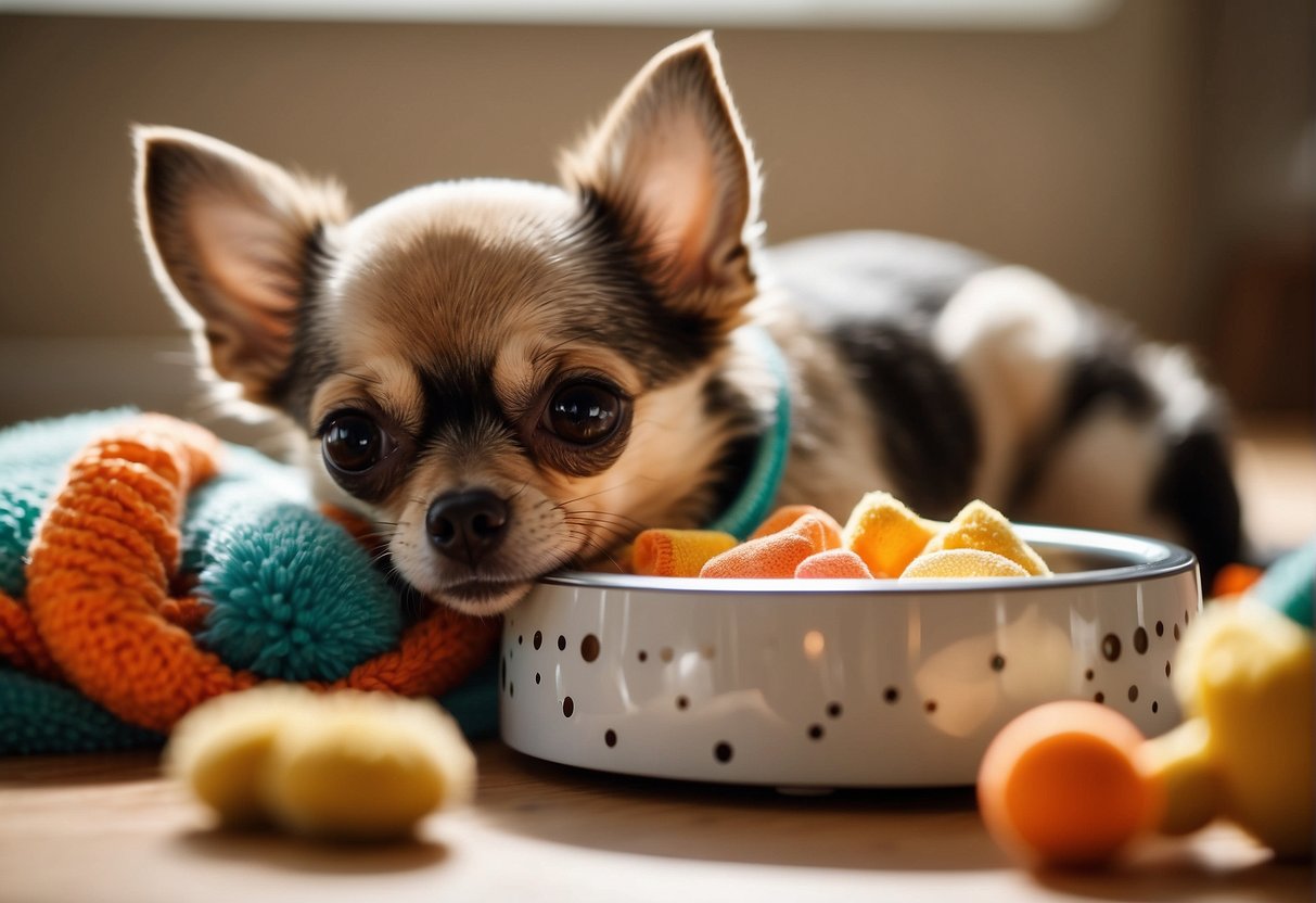A Chihuahua eating from a small, elevated dog bowl, surrounded by toys and a cozy bed in a bright, sunny room