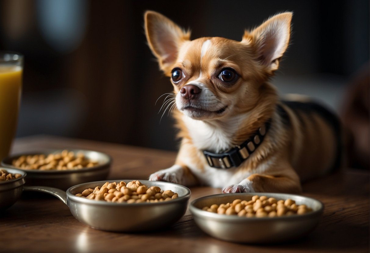 A chihuahua happily munches on a small bowl of kibble, with a wagging tail and bright eyes