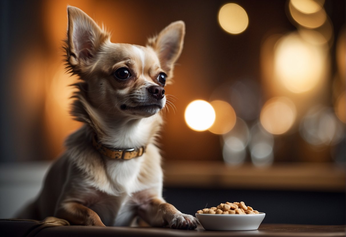 A male chihuahua is sitting attentively, ears perked and tail wagging, as a person gently brushes its coat and rewards it with treats for good behavior