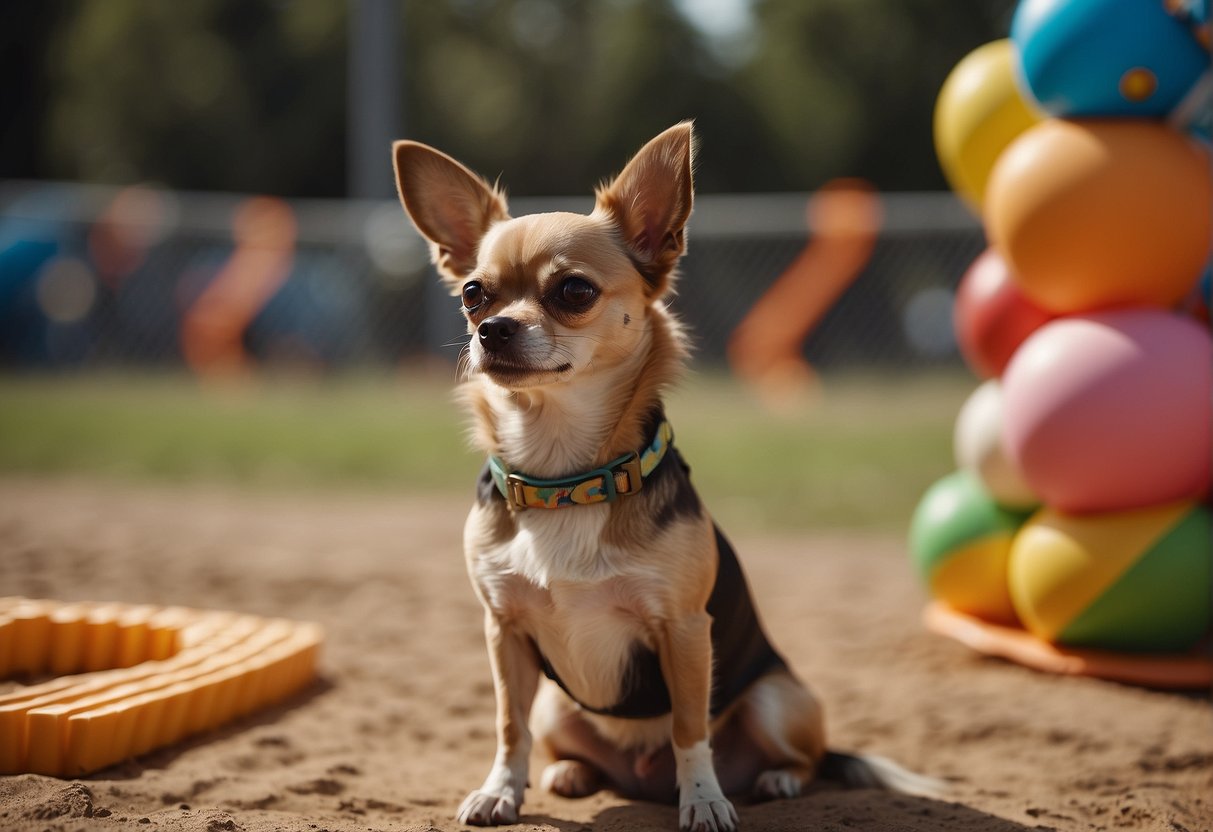 A male chihuahua sitting attentively, ears perked, eyes focused, in front of a small obstacle course with treats scattered around