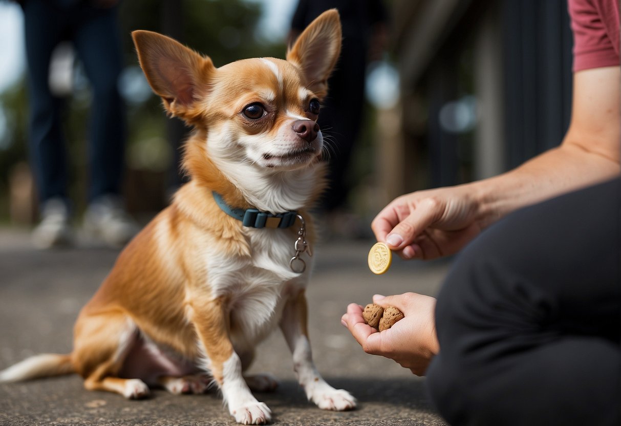 A male chihuahua is learning training techniques, sitting attentively with a treat in front of him, while a trainer gently guides him with a clicker and positive reinforcement