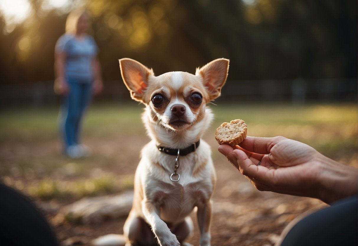 A male chihuahua being trained, sitting attentively while a person holds a treat in their hand