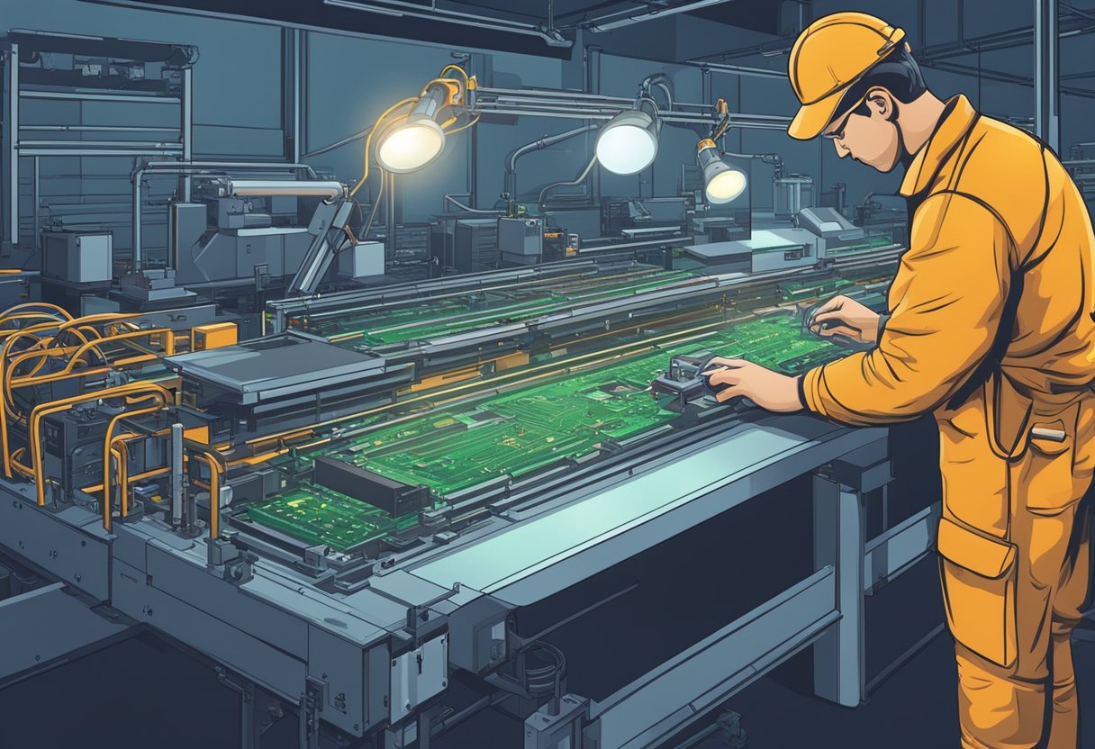 A technician swiftly assembles PCB components under bright lights and magnifying glass. Machinery hums as boards move along conveyor belts