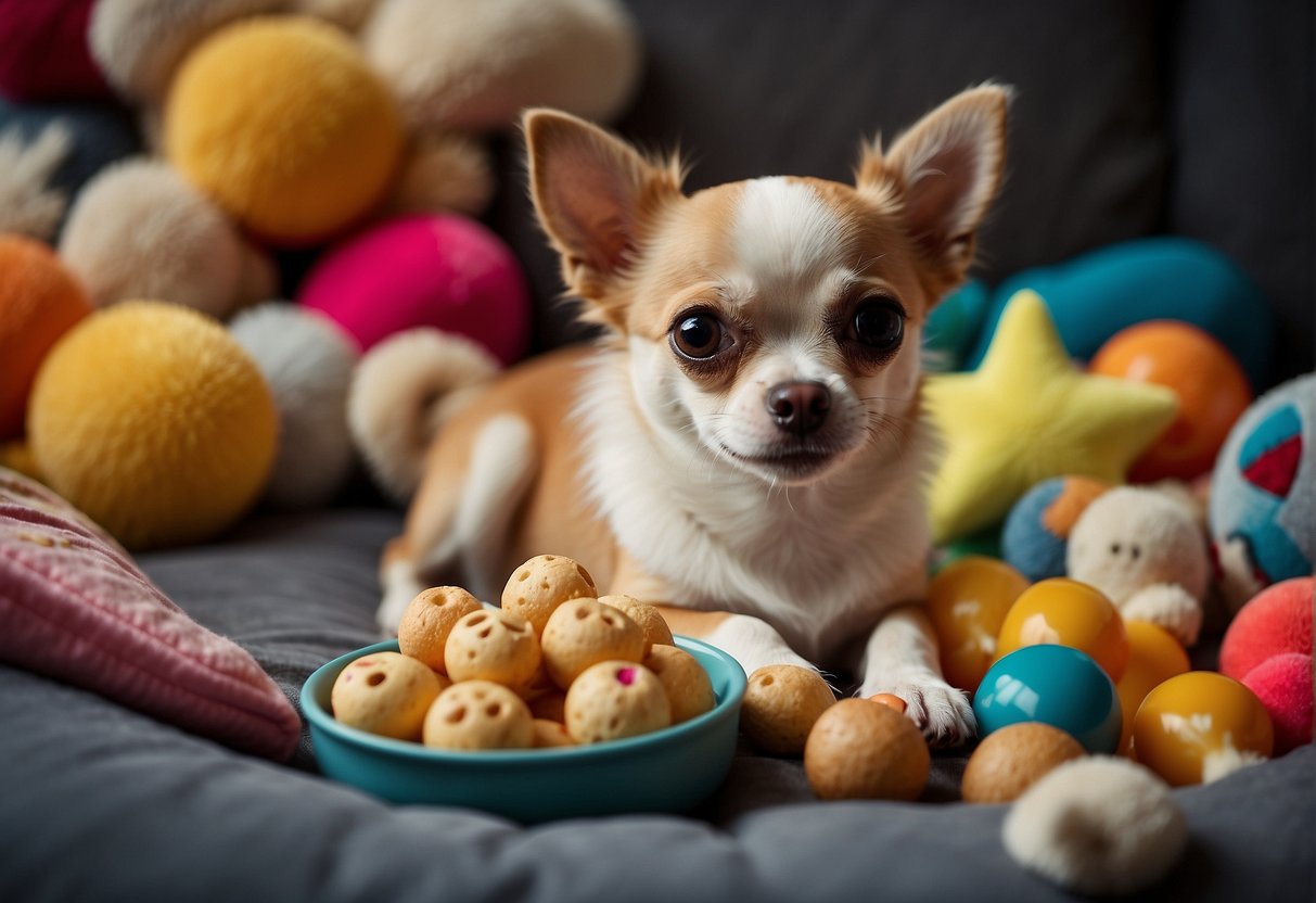 A chihuahua sits on a cushion, surrounded by toys and a food bowl