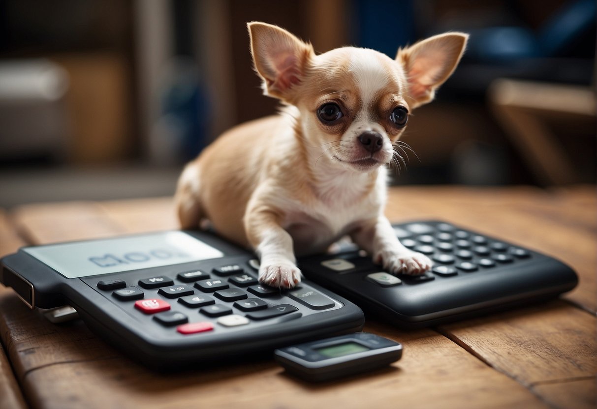 A chihuahua puppy sits on a cushion, price tag displayed nearby. A calculator and pet supplies are scattered around