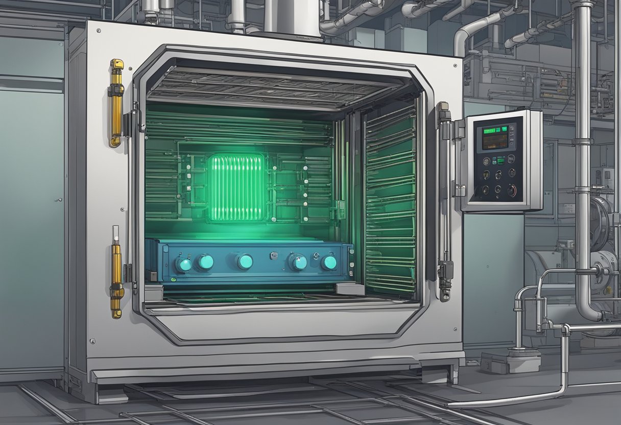 A PCB sits inside an industrial oven, heat radiating as it bakes before assembly