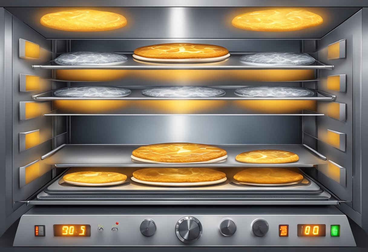 PCBs baking in an industrial oven, emitting heat and light, with a timer and temperature gauge visible