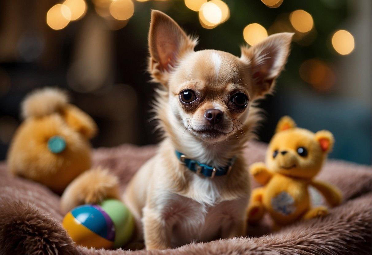 A small Chihuahua with a shiny coat sits on a soft cushion, surrounded by toys and a water bowl. A gentle hand brushes its fur with a small brush
