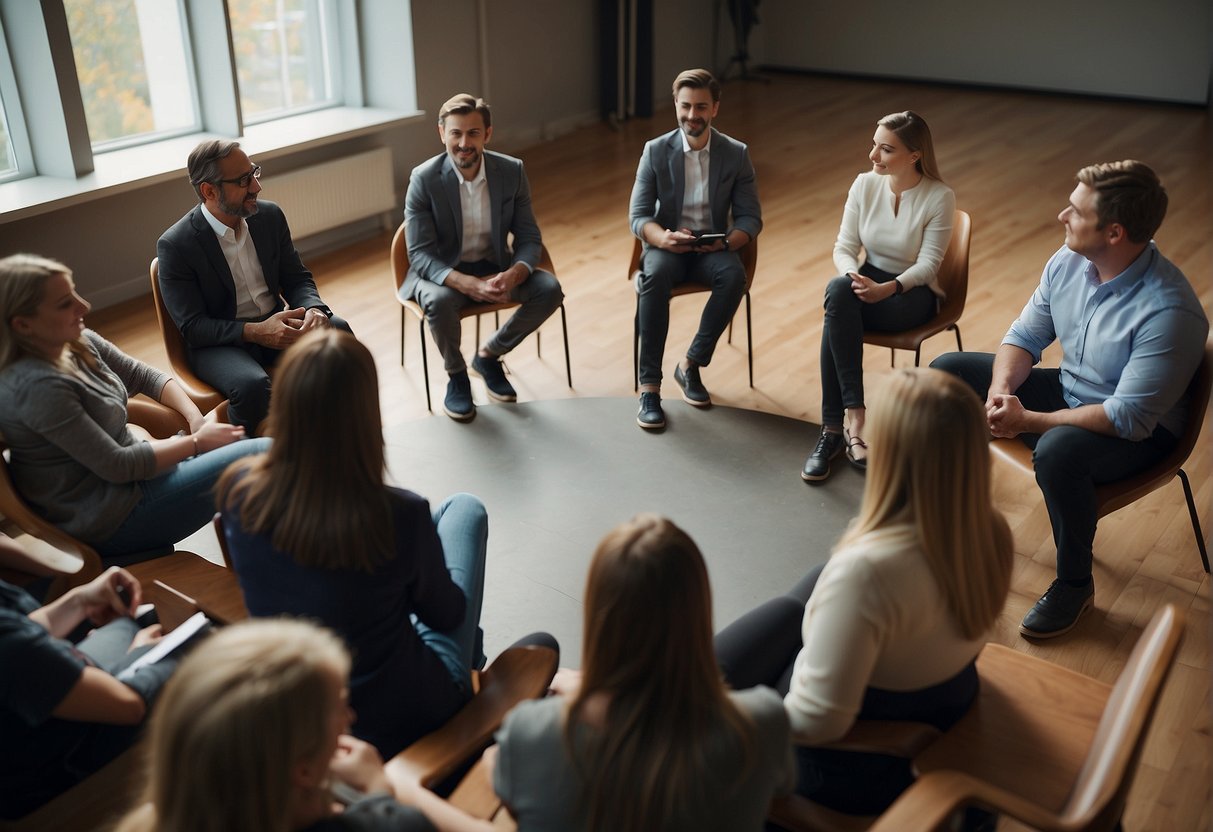 A group of people engaging in a conversation circle, practicing their speaking skills in Lithuanian. A teacher or leader may be present, providing guidance and feedback