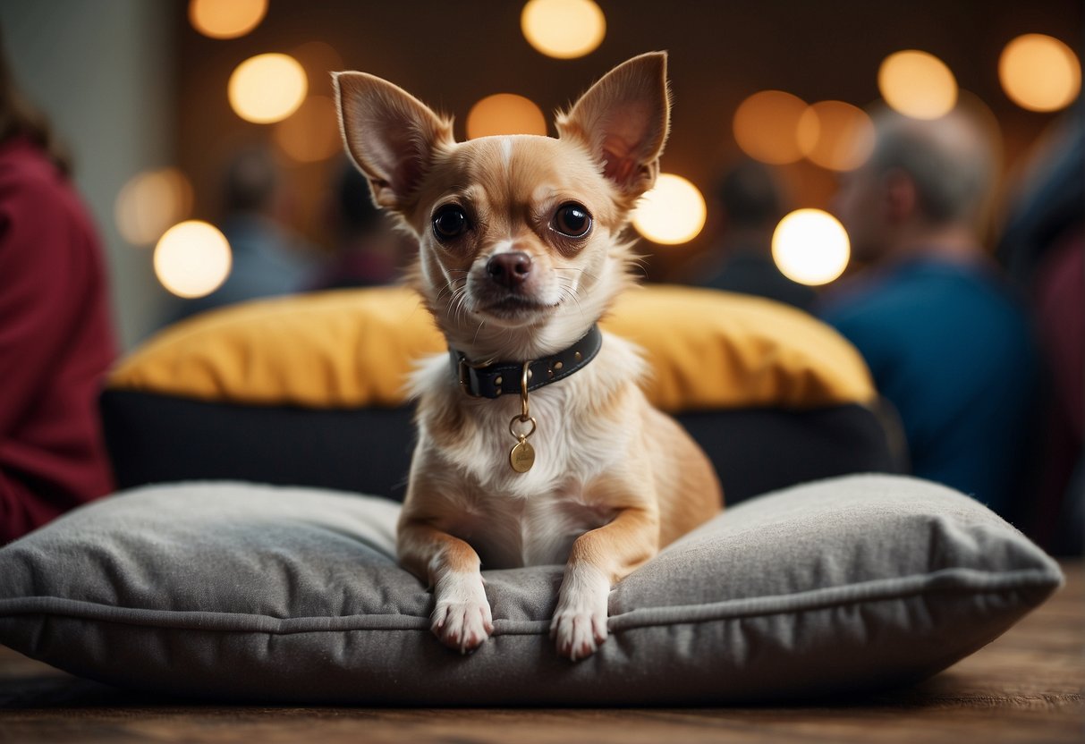 A chihuahua sits on a cushion, surrounded by curious onlookers. A price tag dangles from its collar