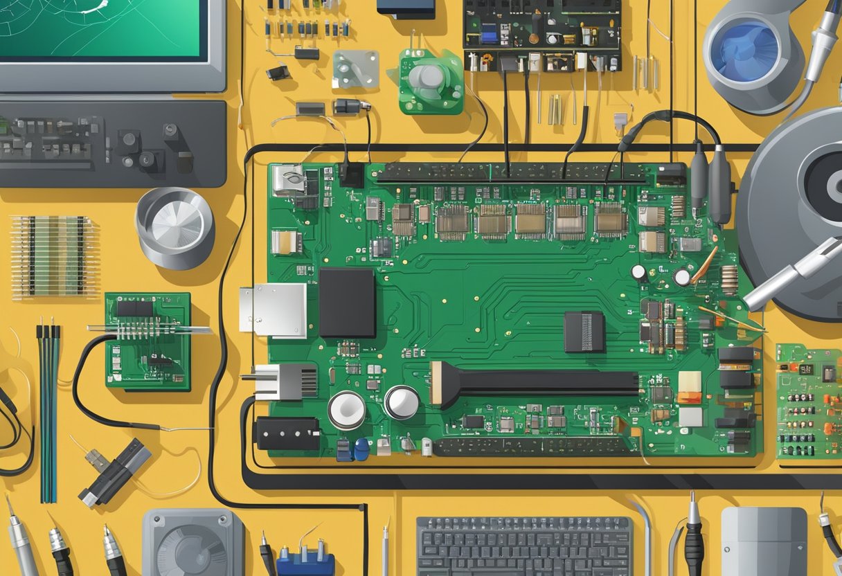 A table with various electronic components, soldering iron, and PCB board layout