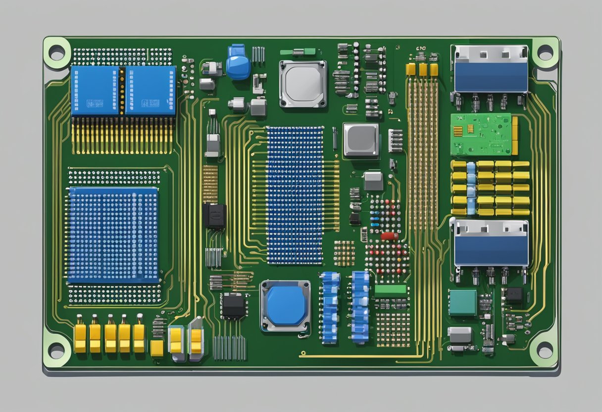 An array of electronic components arranged on a printed circuit board, ready for assembly