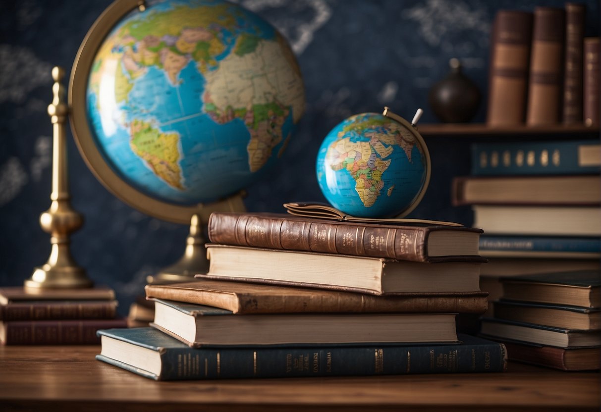 A stack of books and open notebooks on a desk with a pen and ruler. A globe and map on the wall