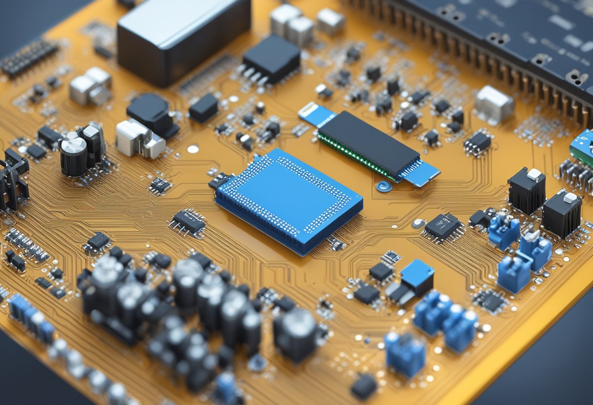 A prototype electronic PCB assembly with various components, soldered connections, and circuit traces, laid out on a clean, well-lit workbench