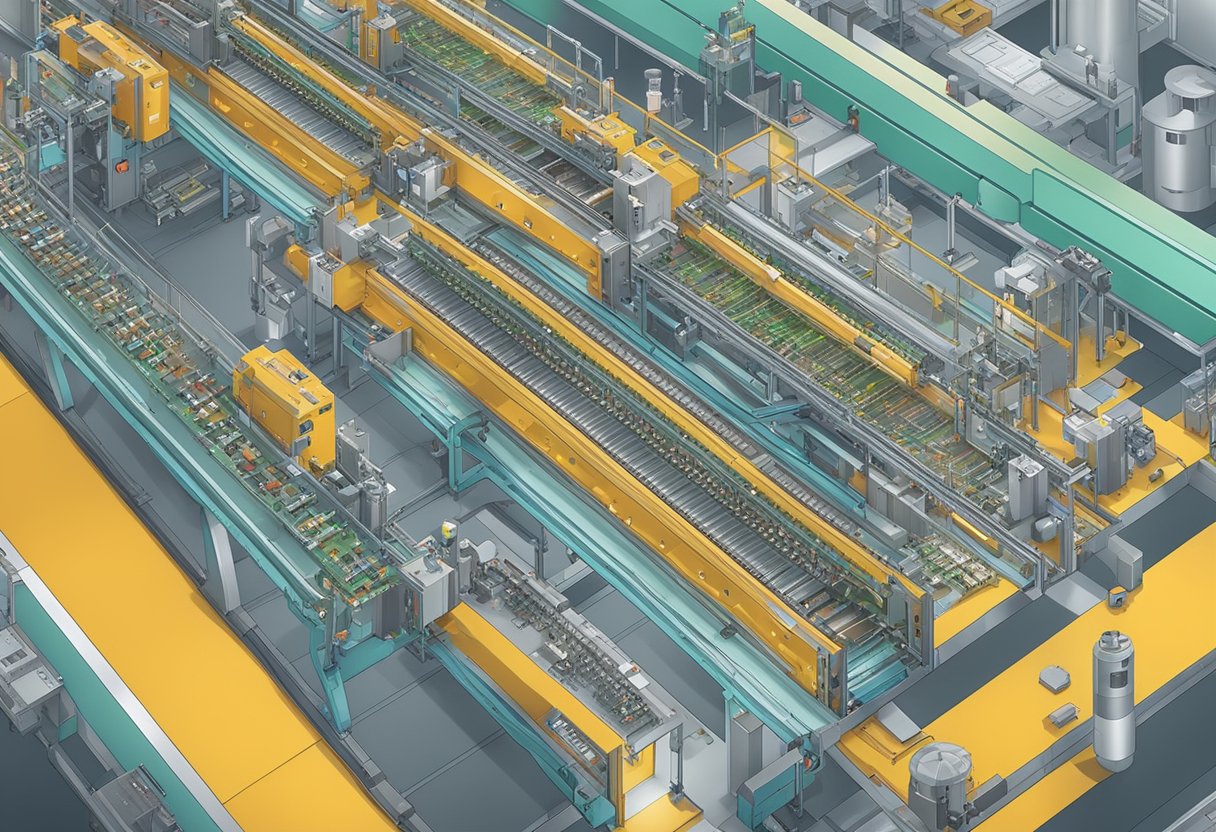 A conveyor belt moves PCBs past soldering and component placement machines in a brightly lit factory