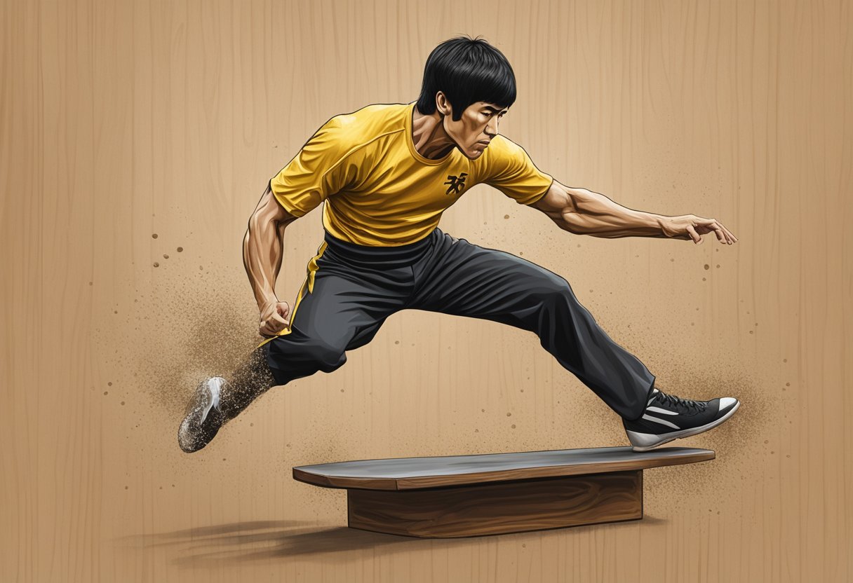 Bruce Lee's powerful kicks shatter a wooden board, evoking awe and respect from Joe Rogan