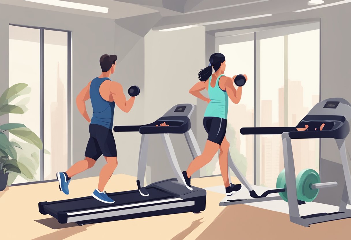 A person lifting weights while running on a treadmill, with a fitness trainer nearby