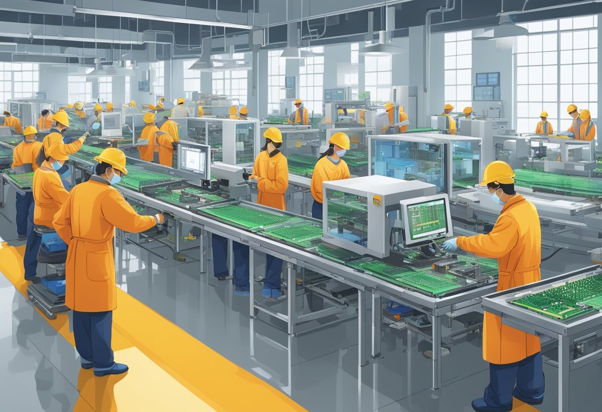 A factory floor in China shows workers assembling PCBs with precision equipment and automated machinery