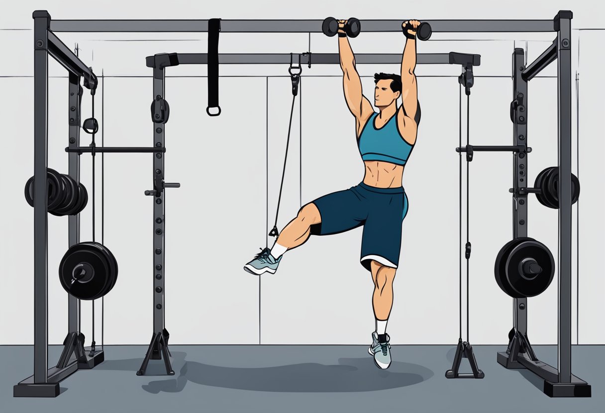 A person is performing a pull-up while holding a dumbbell between their feet. They are surrounded by various weight training equipment and using a resistance band for additional support