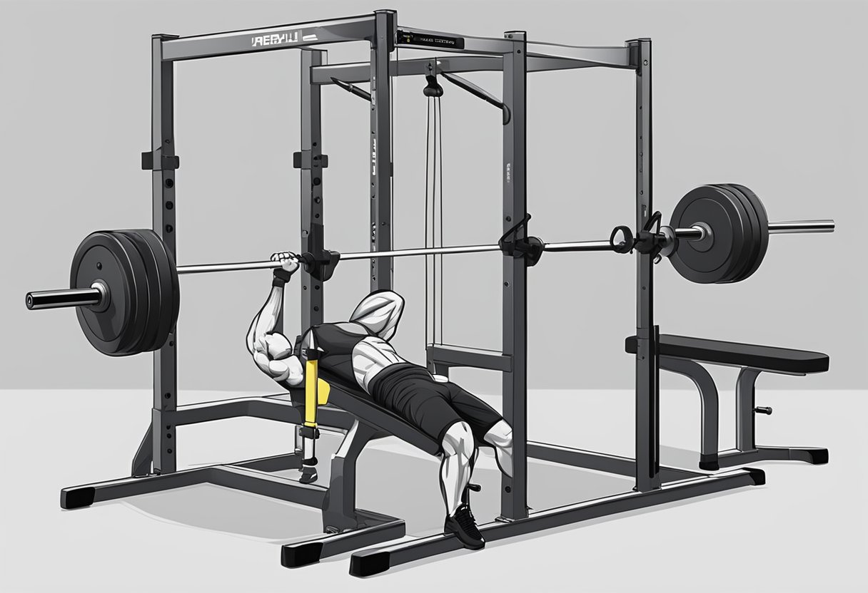 A weightlifting bench with a pull-up bar attached. A person is using resistance bands for assisted pull-ups while another is doing push-ups on the floor