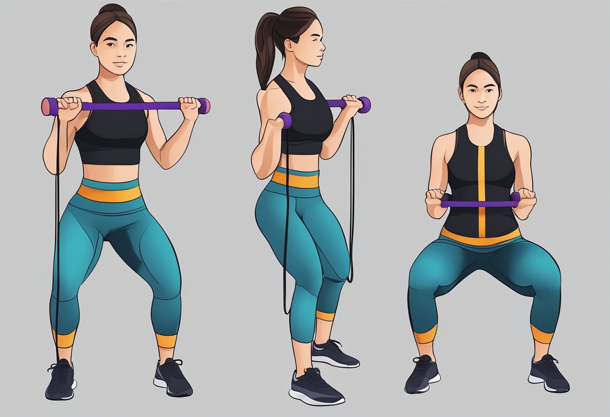 A person uses a resistance band to add weight to their calisthenics routine, performing exercises such as squats, push-ups, and lunges with added resistance