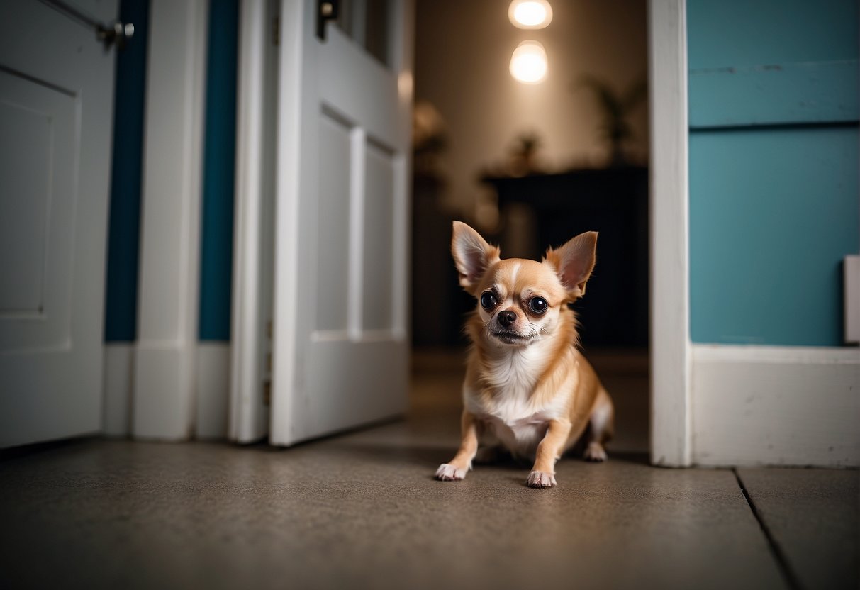 A chihuahua holding its bladder, looking anxious near a closed door