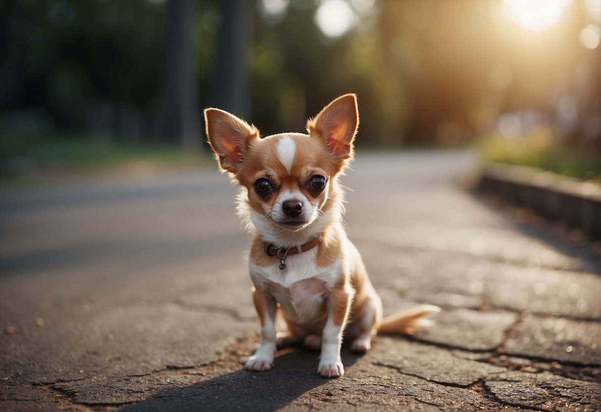 A Chihuahua holding its bladder, looking for a suitable place to relieve itself