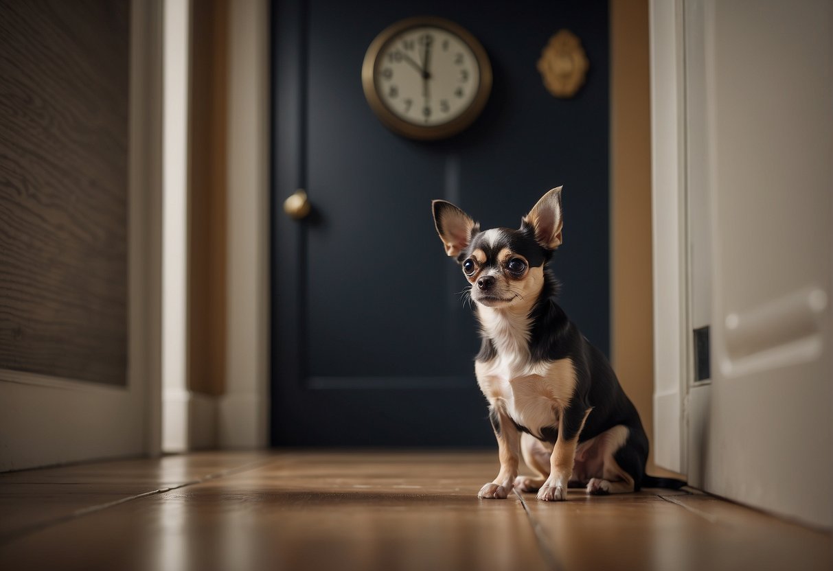 A chihuahua standing by a door, looking anxious. A clock on the wall shows the passing of time. A puddle on the floor indicates a lack of retention