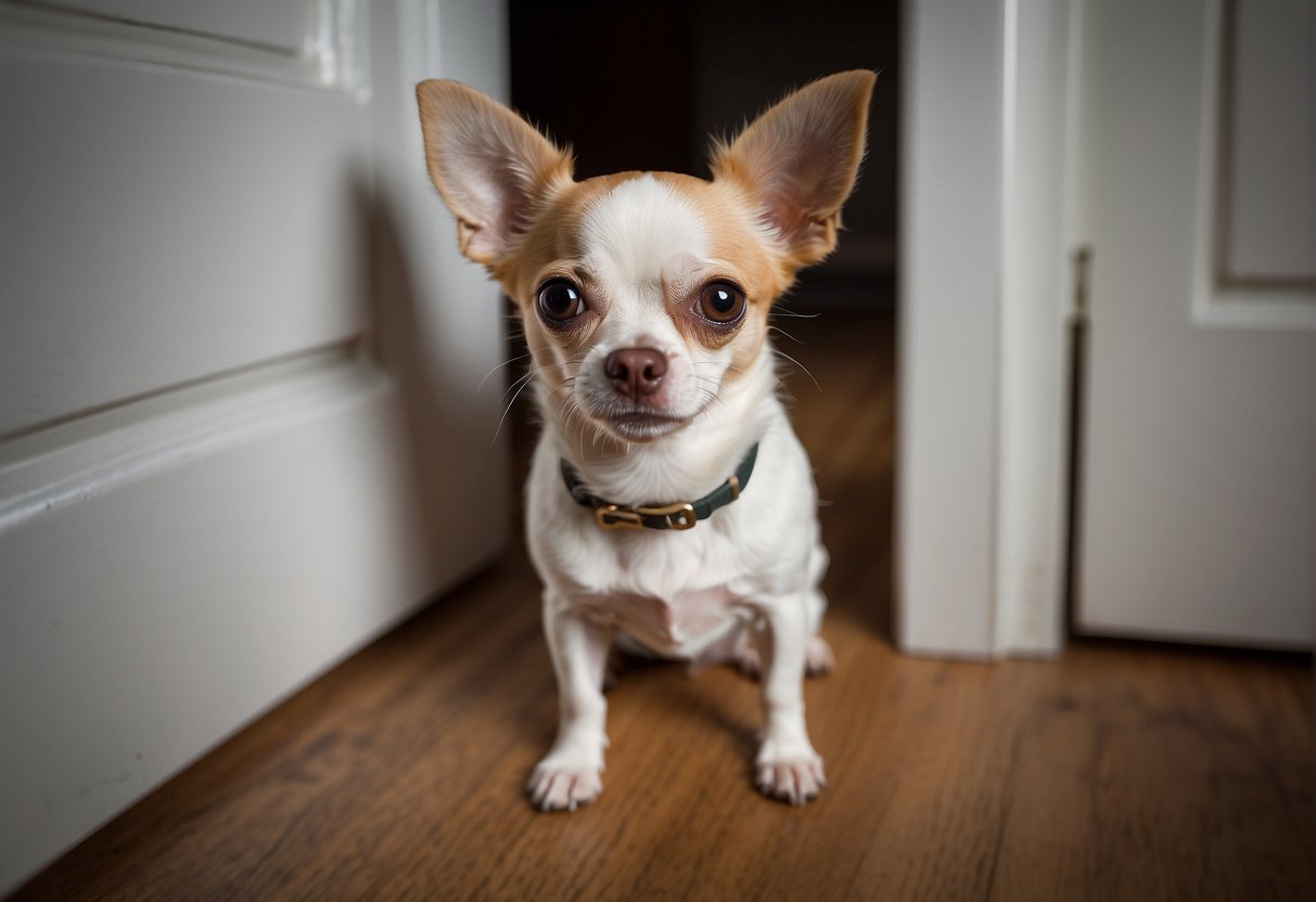 A chihuahua holding its bladder, looking anxious by the door