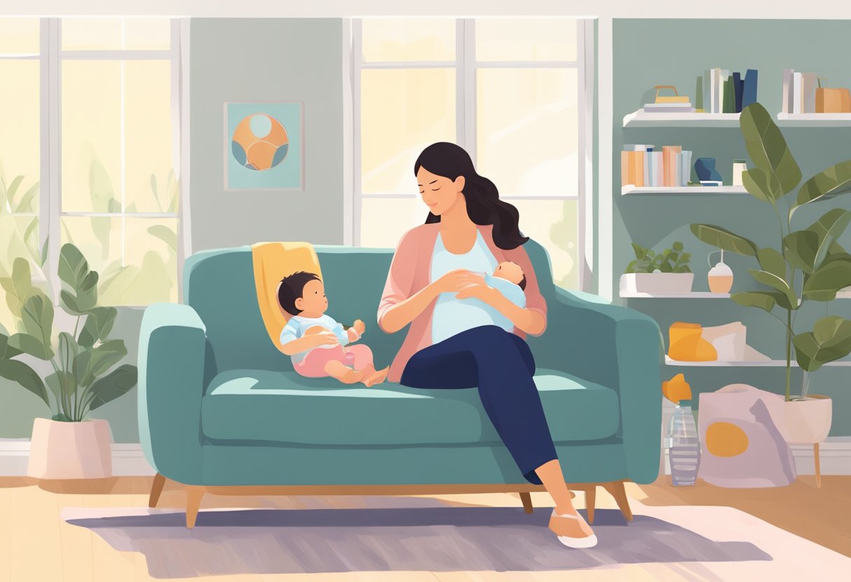 A mother sits comfortably in a chair, breastfeeding her baby while using a breast pump on the opposite breast. The room is peaceful and filled with natural light, creating a serene atmosphere