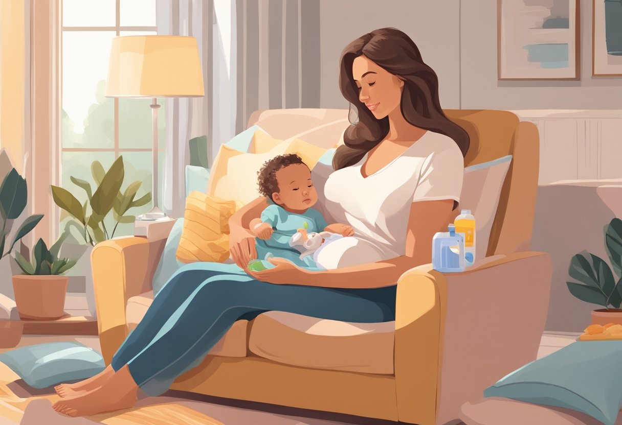 A mother sits in a comfortable chair, surrounded by pillows for support. She holds a breast pump while her baby nurses on the other breast. A glass of water and a snack are within reach, and the room is quiet and peaceful