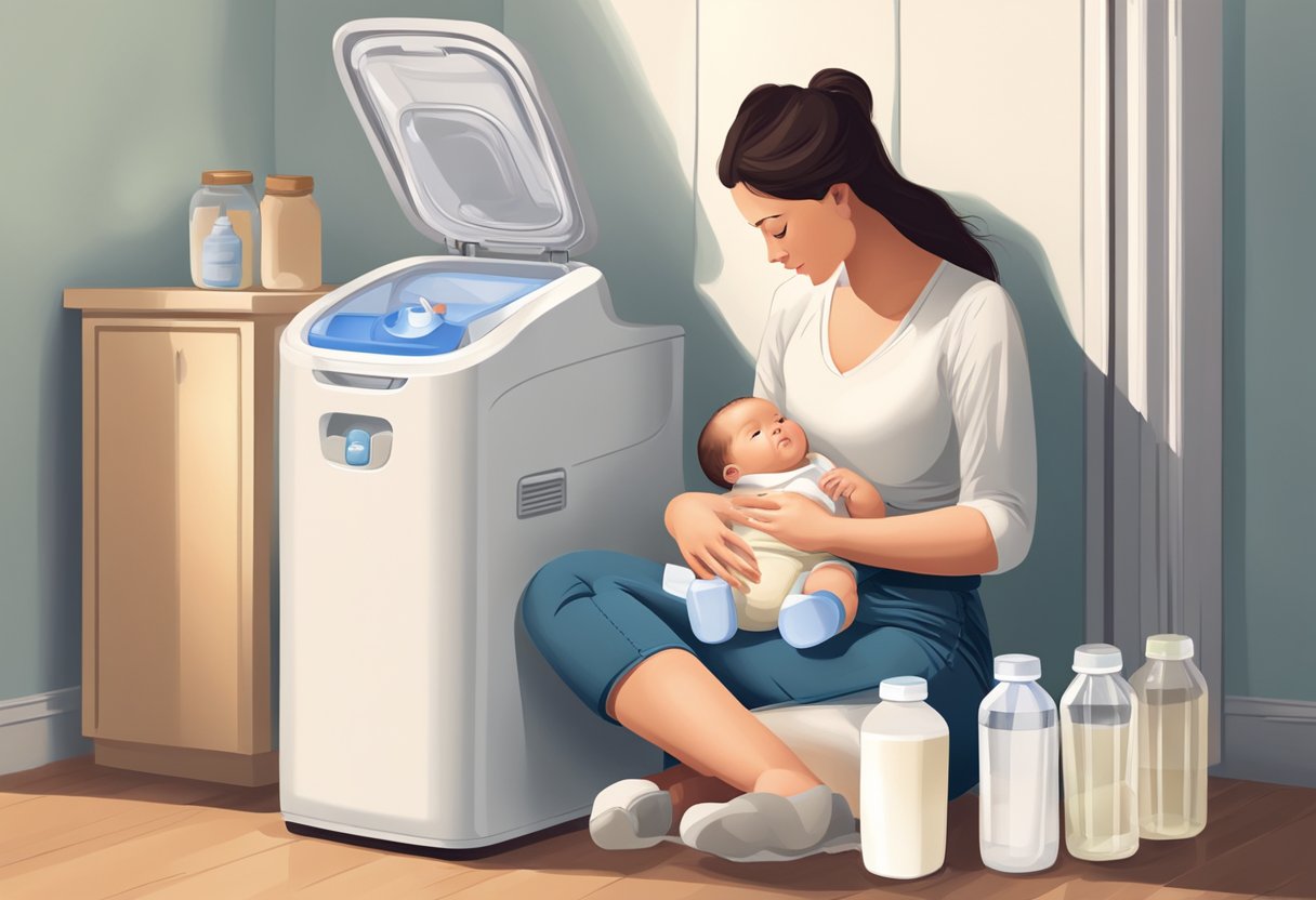 A mother sits comfortably, using a breast pump while breastfeeding. Bottles of expressed milk are stored nearby in a cooler